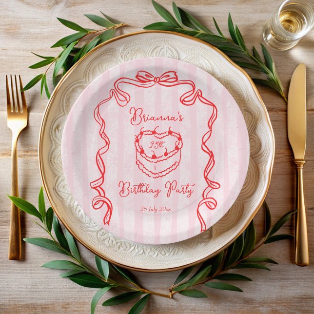 Cherry Kuchen rosa Coquette Bugday Party Pappteller (Cherry cake handrawn sketch pink bow coquette birthday party personalized printed paper plates)