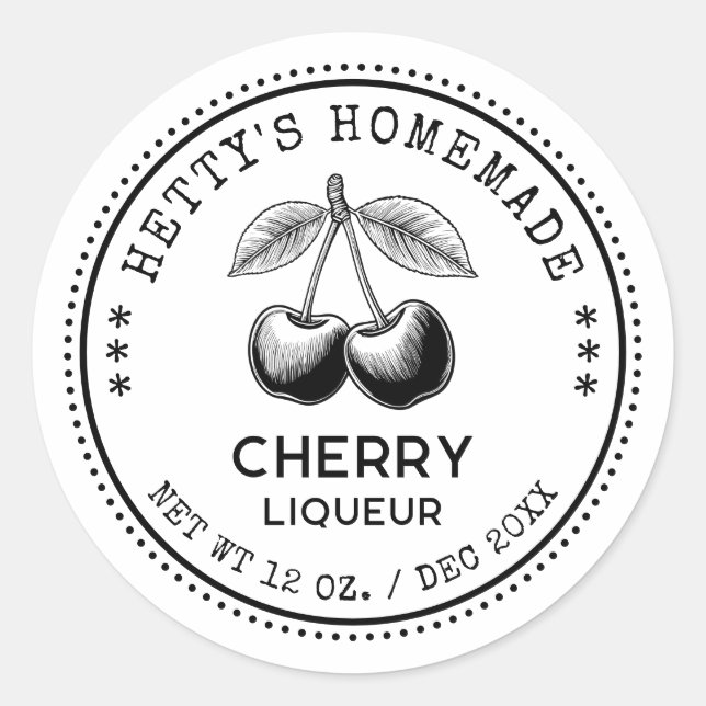 Cherry Likörkonservenaufkleber in Schwarzweiß Runder Aufkleber (Vorderseite)