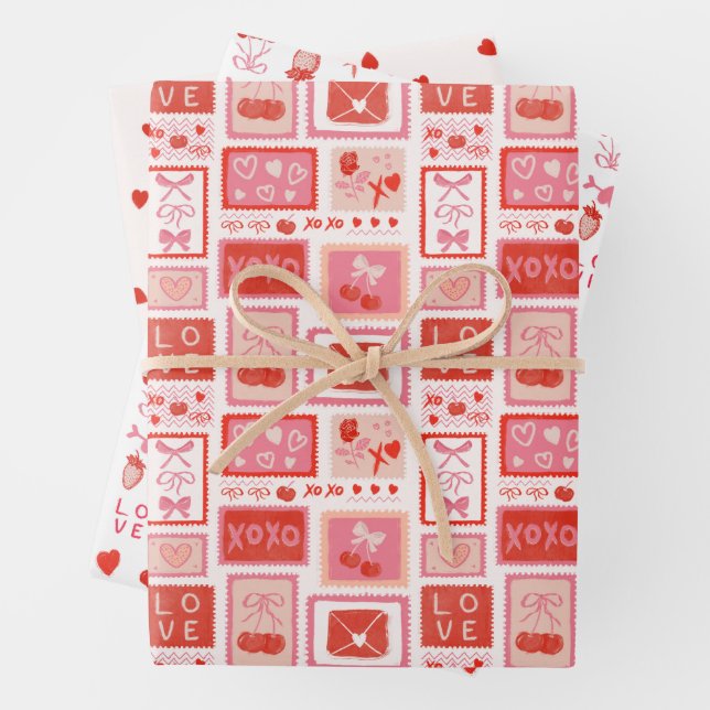 Cherry Love Letters Valentines Hearts Bows Geschenkpapier Set (Beispiel)