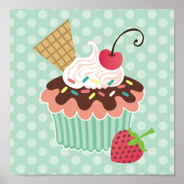 Cherry & Mint Cupcake Canvas Print Poster (Vorne)