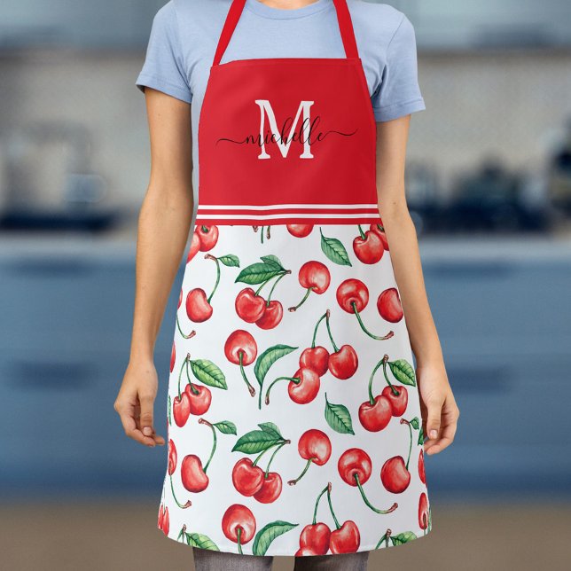 Cherry Monogram Botanical Red Schürze (Von Creator hochgeladen)