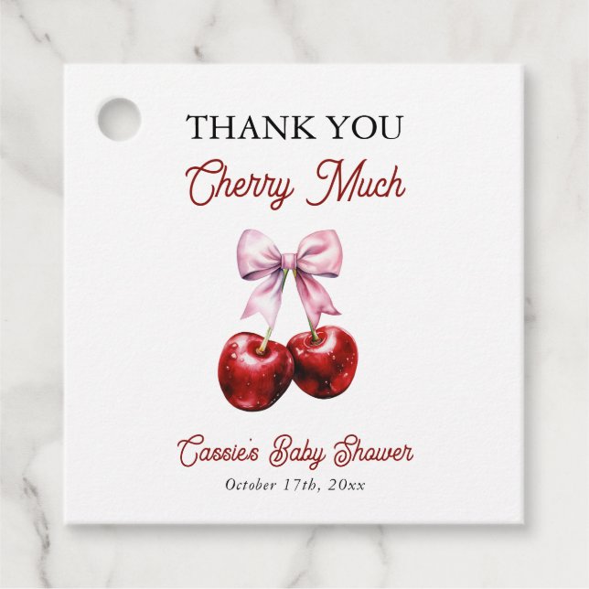 Cherry Much Pink Bow Baby Dusche Vielen Dank Geschenkanhänger (Vorderseite)