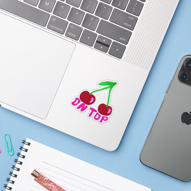 Cherry Oben, lebendige, farbenfrohe Designaufklebe Aufkleber (Laptop mit iPhone)