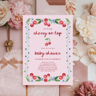Cherry oben   Red Script Whimsical Baby Dusche Einladung