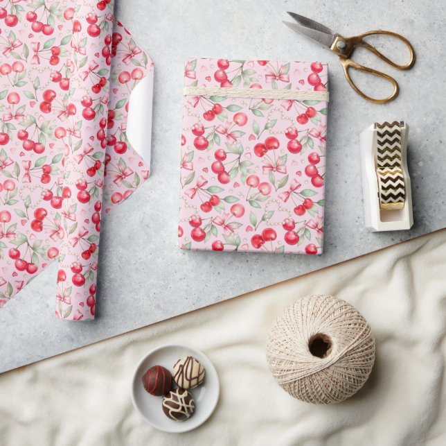 Cherry on Top Baby Shower Gift Wrap mit rosa Bows Geschenkpapier (Kunsthandwerk)