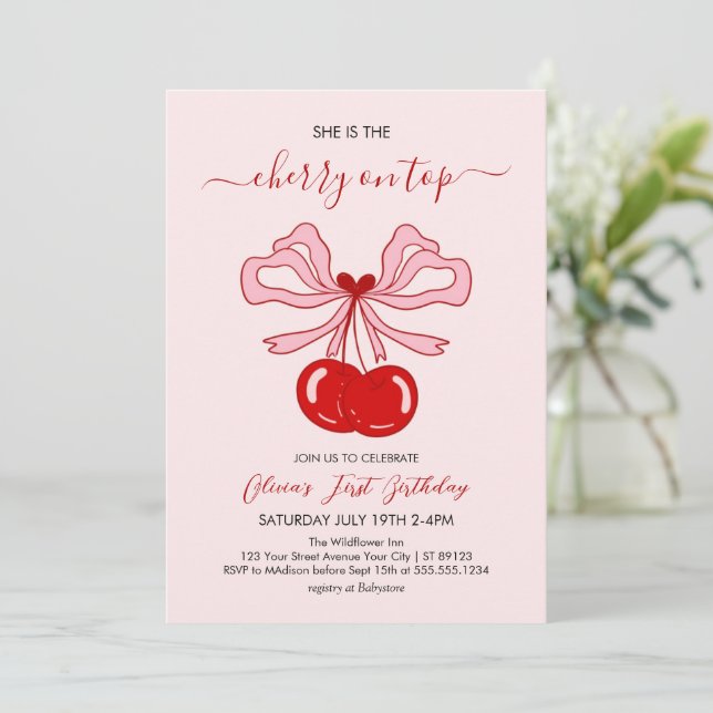 Cherry on Top Birthday Cherries 1st Birthday Einladung (Stehend Vorderseite)