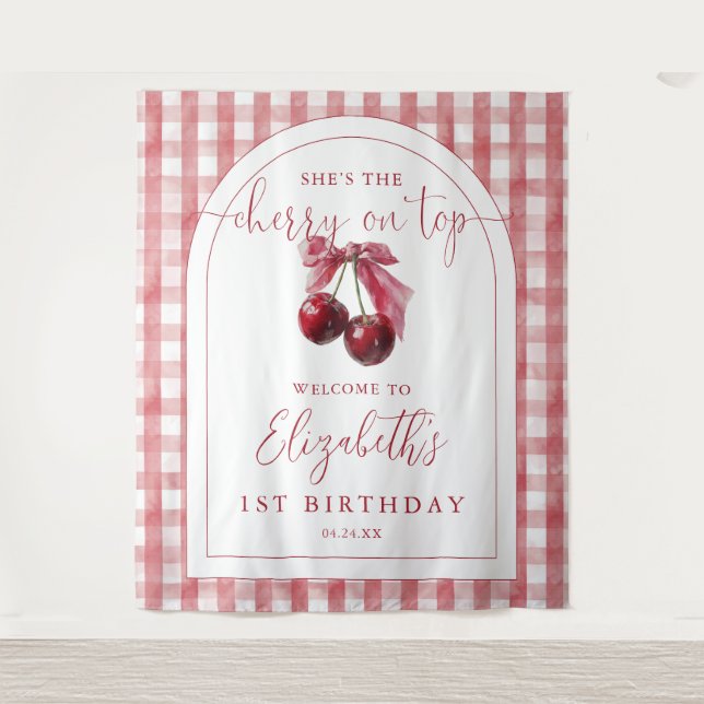 Cherry On Top Bow Birthday Photo Backdrop Wandteppich (Vorderseite)