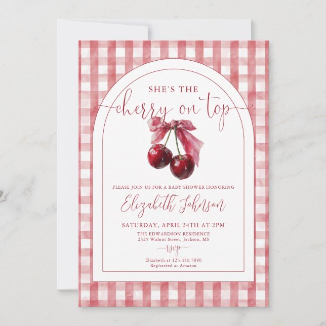 Cherry On Top Bow QR Code Girl Baby Shower Einladung (Vorderseite)