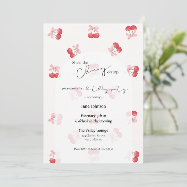 Cherry On Top Cherries & Bows Birthday Invitation (Debout devant)