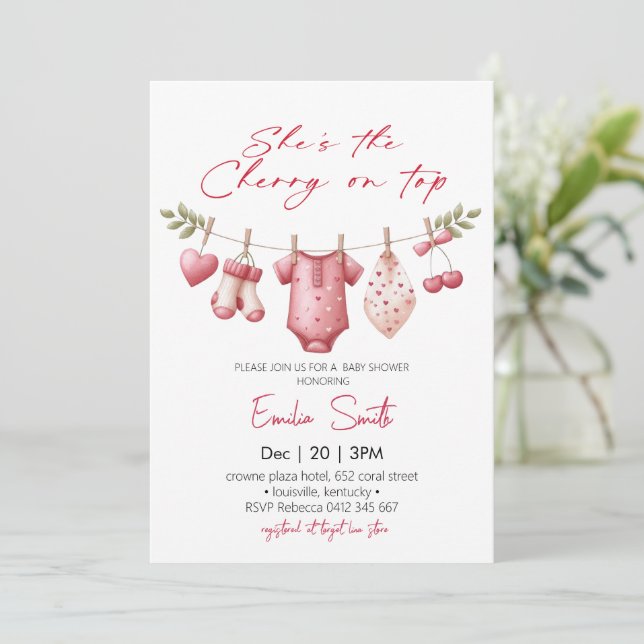 Cherry on Top clothesline  Baby Shower Einladung (Stehend Vorderseite)