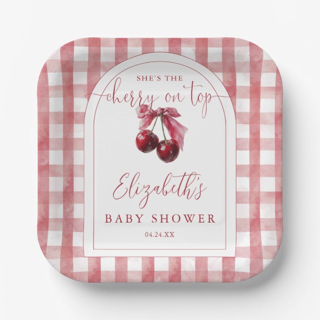 Cherry On Top Coquette Bow Baby Shower Pappteller (Vorderseite)
