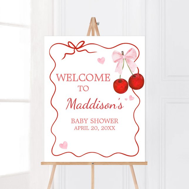 Cherry on Top Pink Bow Baby Dusche Willkommen Poster (Cherry on Top Baby Shower Welcome Sign)