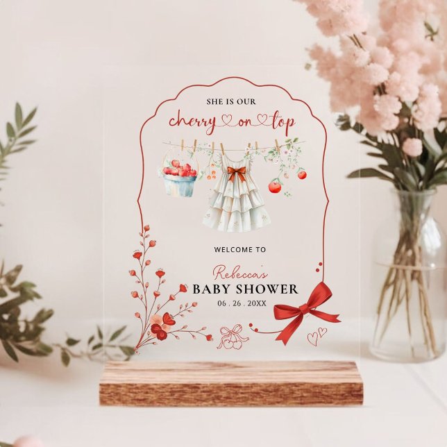 Cherry on Top Pink Bow Baby Girl Dusche Willkommen Acrylschild (Von Creator hochgeladen)