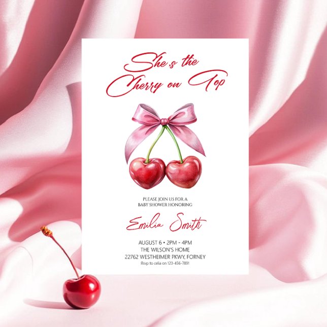  Cherry on Top pink bow Baby Shower Invitation Einladung (Von Creator hochgeladen)