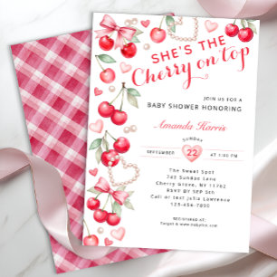 Cherry on Top - Pink Bow & Gingham Baby Shower Einladung