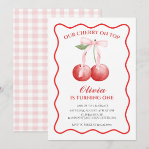Cherry on Top Pink Bow Preppy 1. Geburtstag Einladung