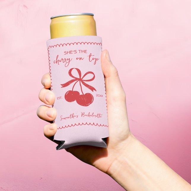 Cherry On Top Pink & Red Hand Drawn Bridal Shower Selters Dosenkühler (Cherry On Top Pink & Red Hand Drawn Bridal Shower Seltzer Can Cooler)