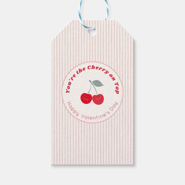 Cherry On Top Retro Pinstripe Valentine Red Cream Geschenkanhänger (Vorderseite)