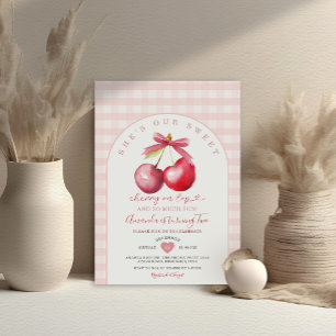 Cherry on Top Sweet Pink Gingham Girl Baby Dusche Einladung