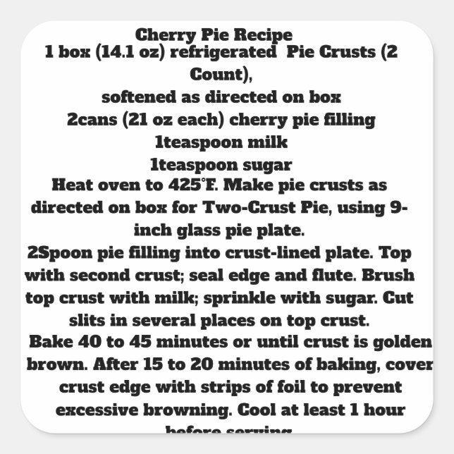 Cherry Pie Rezeptzeichen Quadratischer Aufkleber (Vorderseite)
