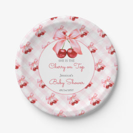 Cherry Pink Bow Baby Shower Pappteller