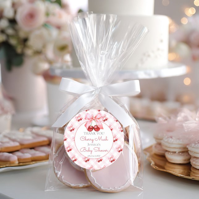 Cherry Pink Bow Baby Shower Runder Aufkleber (Von Creator hochgeladen)