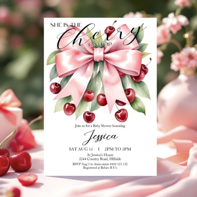 Cherry Pink Bow Cherry auf Top Baby Dusche einlade Einladung (She is the Cherry on Top Baby Shower Invitation with watercolor cherries, foliage and pink bow)