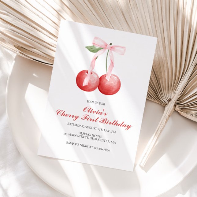 Cherry Pink Bow erste Geburtstagsfeier Einladung (Von Creator hochgeladen)