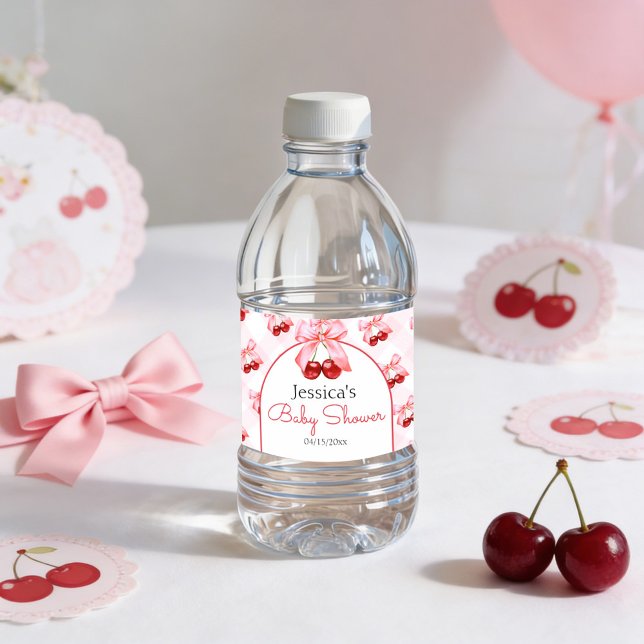 Cherry Pink Bow Girl Baby Shower  (Pink bow and cherry baby shower water bottle labels)