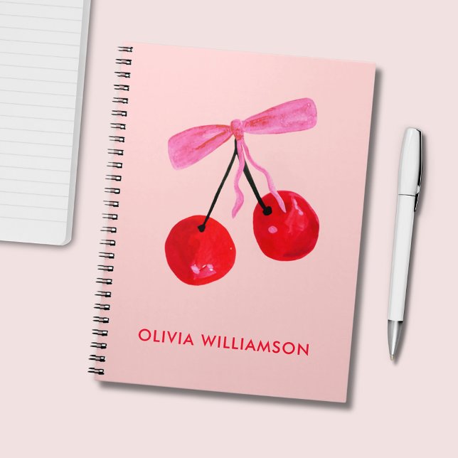 Cherry & Pink Bow Notizblock (Cherry and pink bow personalized notebook)