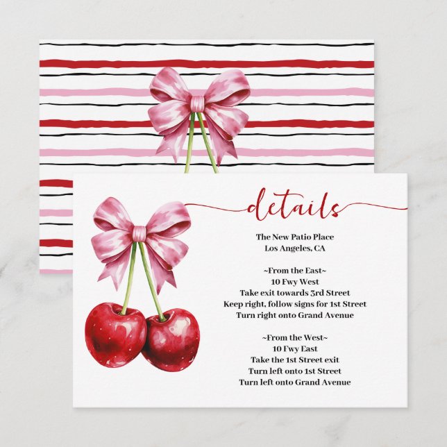 Cherry Pink Coquette Babydusche Details Begleitkarte (Vorne/Hinten)