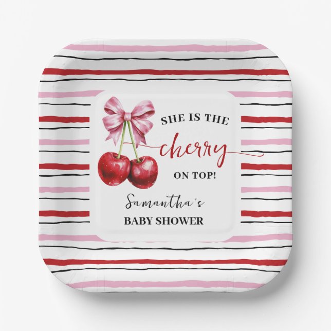 Cherry Pink Coquette Babydusche Square Pappteller (Vorderseite)