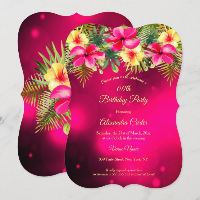 Cherry Pink gelber Hibiskus Tropisches Party Einladung (Vorne/Hinten)