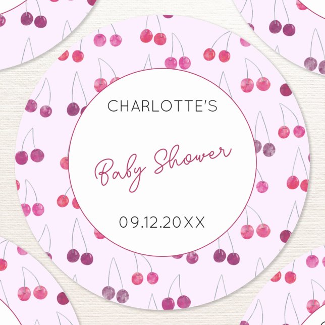Cherry Pink Watercolor Kinderdusche Personalisiert Runder Aufkleber (Cute watercolor cherry pink and white pattern personalized baby shower name date stickers)