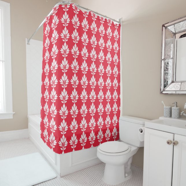 Cherry Red and White Elegant Leaf Muster Duschvorhang (Beispiel)