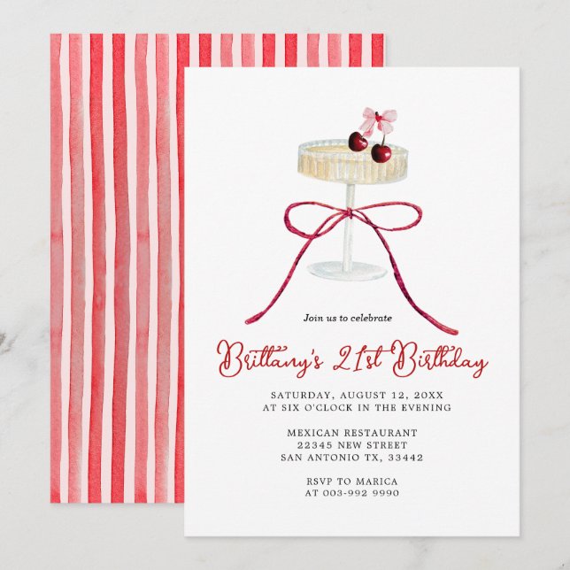 Cherry Red Bow Champagne 21st Birthday Invitation Einladung (Vorne/Hinten)