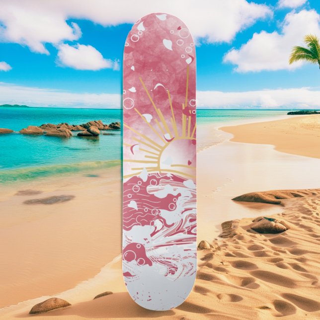 Cherry Red Crimson Gold Sunset Sun & Sea Skateboard (Von Creator hochgeladen)