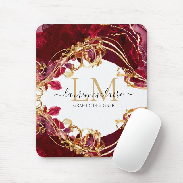 Cherry Red & Gold Monogram Script Mousepad (Mit Mouse)