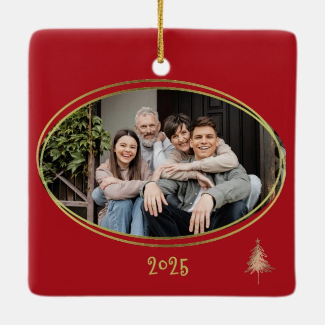 Cherry Red Green Pink & Gold Christmas Trees  Keramikornament (Rückseite)