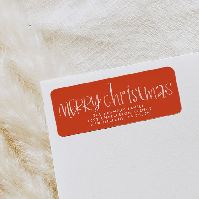 Cherry Red Hand Lettered Frohe Weihnachtsadresse (Red hand lettered red and white festive Christmas return address labels.)