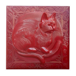 Cherry Red Imitats Relief Art Nouveau Cat Fliese