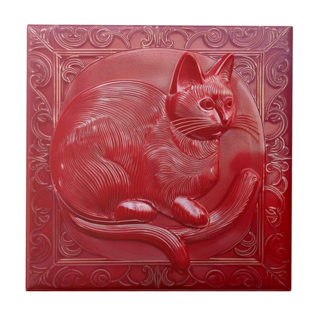 Cherry Red Imitats Relief Art Nouveau Cat Fliese (Vorderseite)