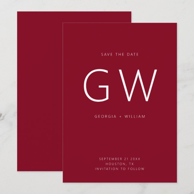 Cherry Red Minimal Typografy Monogram Save The Date (Vorne/Hinten)