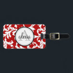 Cherry Red Mit Monogramm Damask Print Gepäckanhänger<br><div class="desc">Cherry Red Mit Monogramm Damask Print</div>