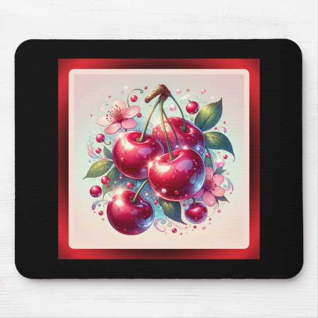 Cherry Red Niedlich Cherries Floral Girly Pink Mousepad (Vorne)