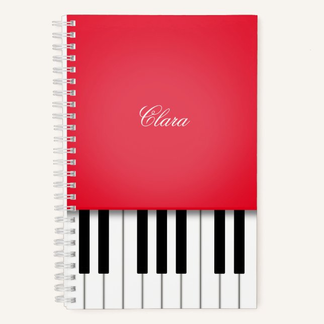 Cherry Red Piano Music Keyboard Personalisiert Notizbuch (Vorderseite)