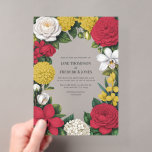 Cherry Red, White & Gold Floral Wedding Acryleinladungen<br><div class="desc">Elegant and timeless, this floral wedding invitation features a beautiful botanical arrangement in sophisticated trendy tones. The design combines soft florals and lush greenery to create a romantic and refined look that is perfect for modern weddings, garden ceremonies, and classic celebrations. Printed on premium acrylic for a luxurious presentation, this...</div>