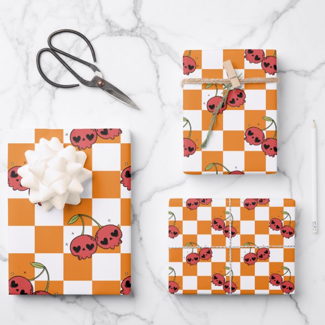 Cherry Skull Checkerboard - Alt ästhetisch Geschenkpapier Set (Vorderseite)