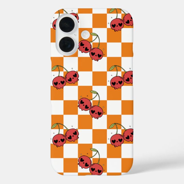 Cherry Skull Checkerboard - Niedliche Goth Vibes iPhone 16 Hülle (Rückseite)