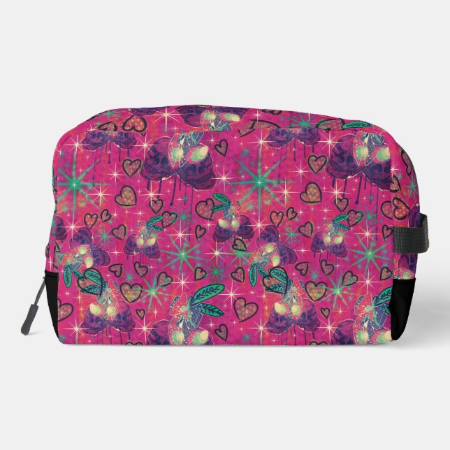 Cherry Skulls, Glitz und heißes Rosa Waschbeutel (Rückseite)